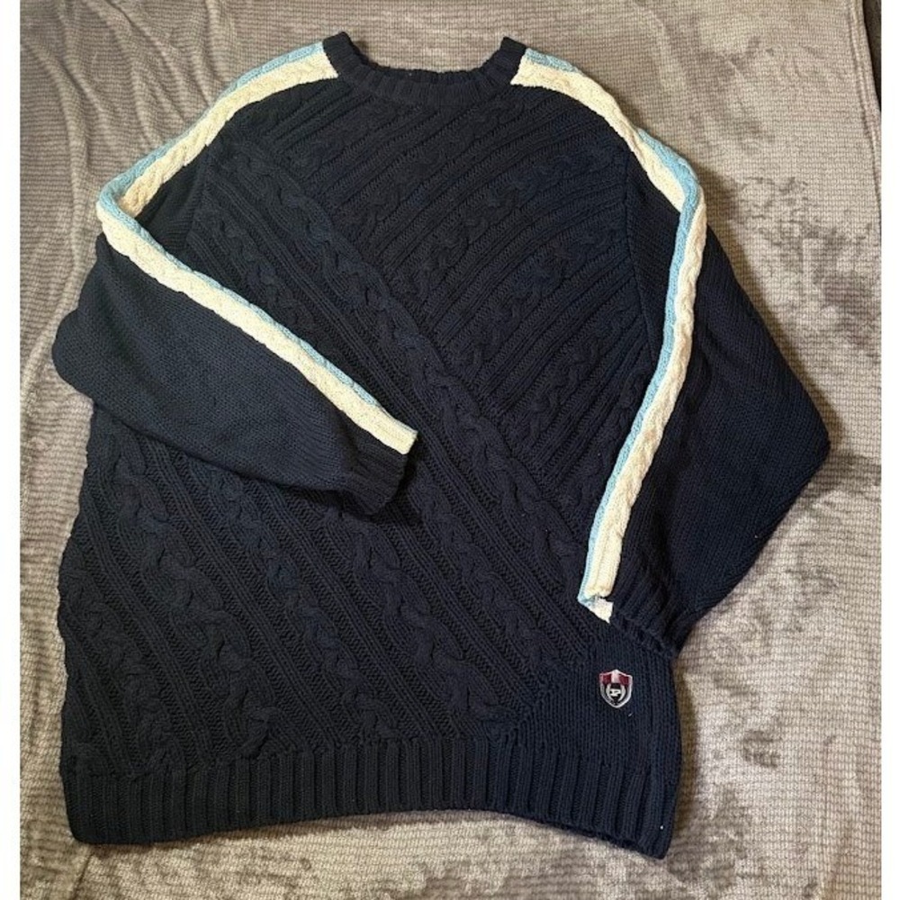 Phat Farm Mens XL Navy Blue Cable Knit Sweater Racing Stripe Pullover P5W42308